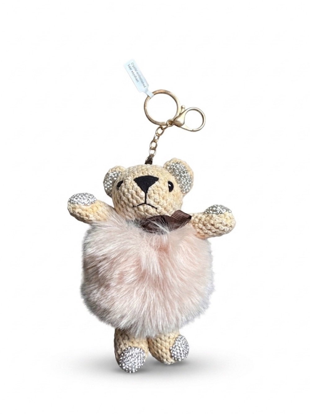 Teddy Bear Pom Pom Crystal Embellished Keychain Bag Charm